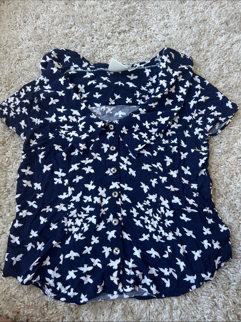 Anthropologie Navy Button Front Blouse with White Bird Print